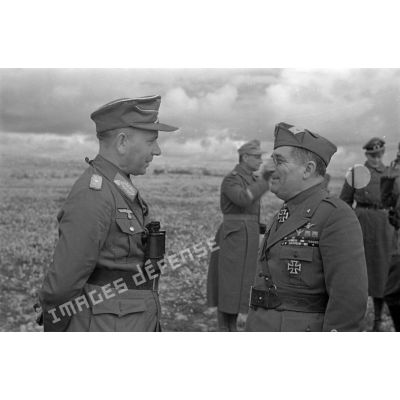 Le général (Generalleutnant) Nehring, commandant le DAK, en conversation avec le général italien Ugo Cavarello.