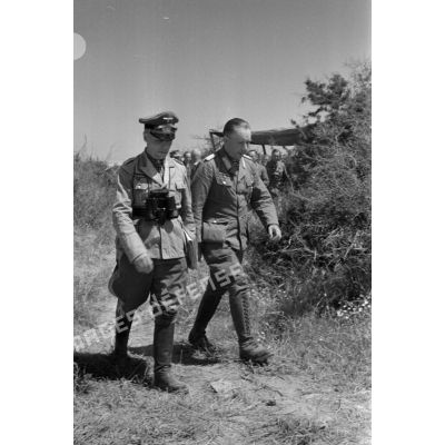 Le maréchal (Generalfeldmarschall) Erwin Rommel marche aux côtés du général (General der Panzertruppe) Nehring, commandant le DAK.