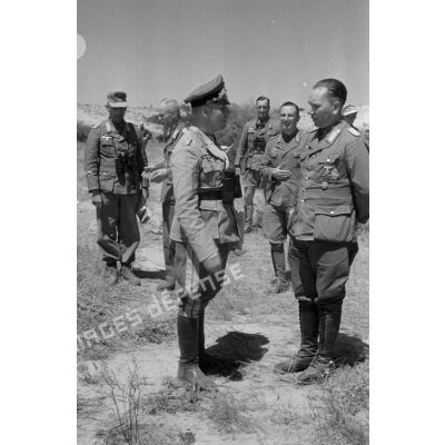 Le maréchal (Generalfeldmarschall) Erwin Rommel en conversation avec Nehring, entourés d'autres officiers dont le général (Generalmajor) von Bismarck.