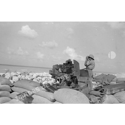 Alvéole d'un canon FlaK-38 de 2 cm, un des servants scrutant la mer avec des jumelles.