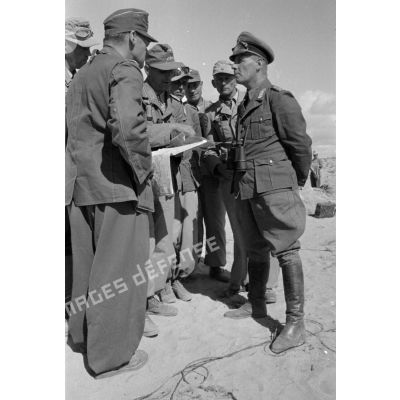 Le maréchal (Generalfeldmarschall) Erwin Rommel en présence d'un groupe d'officiers.
