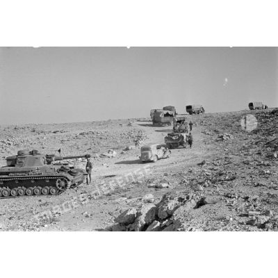 Un char Panzer IV (Pz-IV Ausf-F2) est immobilisé le long de la route tandis qu'un convoi roule vers la passe d'Halfaya.