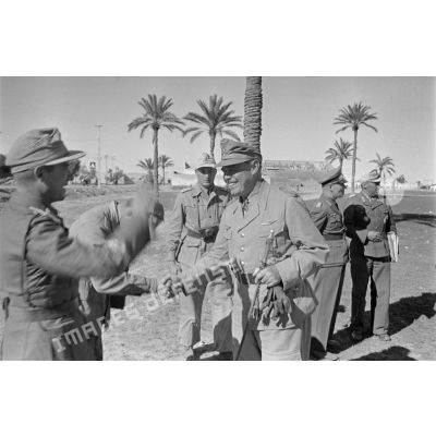 Le maréchal Kesselring salue des officiers. A l'arrière-plan, le maréchal Rommel et l'Oberst Bayerlein.