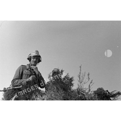Portrait d'un officier à la tourelle de son char camouflé par des branchages.
