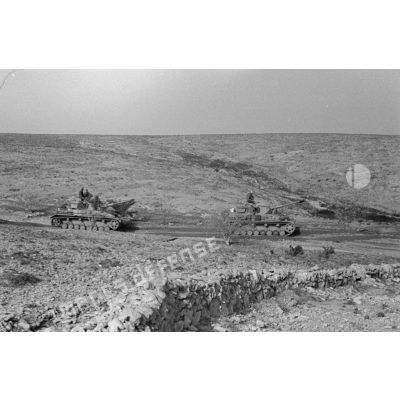 Deux chars Panzer IV (Pz-IV Ausf-G) progressent à flanc de colline.