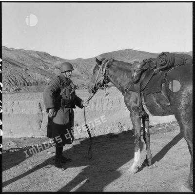 Soldat avec son cheval lors d'un exercice du 31e Groupe Vétérinaire (GV) sur les bords de l'Oued Chelif près de Mostaganem.