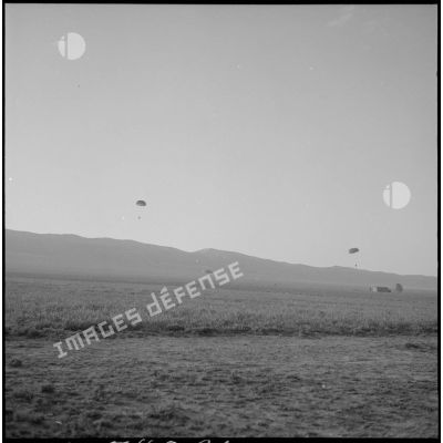 Parachutage d'éléments du 1er régiment étranger de parachutistes (REP) lors d'une opération combinée dans la région du Djebel Chelia (Aurès).