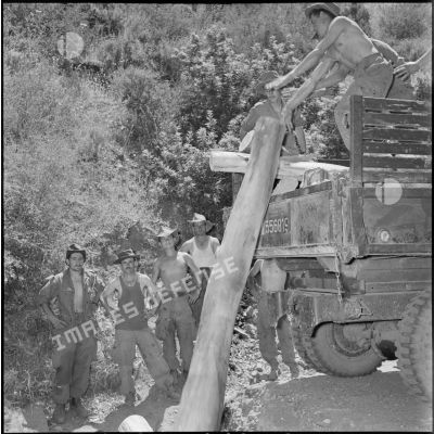 Déchargement de troncs d'arbres par des éléments du 57e bataillon du génie lors de l'opération Basque en Kabylie.