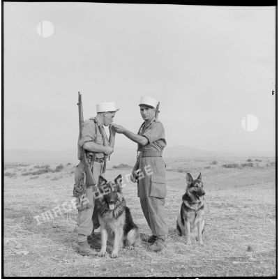 Deux maîtres chiens du 5e régment étranger d'infanterie (REI) font une pose cigarette.