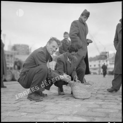 Un jeune appelé décortique des cacahuètes sur le port de Bône.