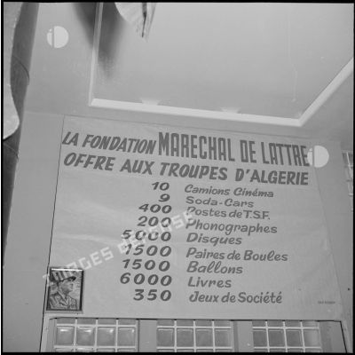 Affiche présentant les dons matériels de la Fondation Maréchal de Lattre aux différentes unités militaires en Algérie.