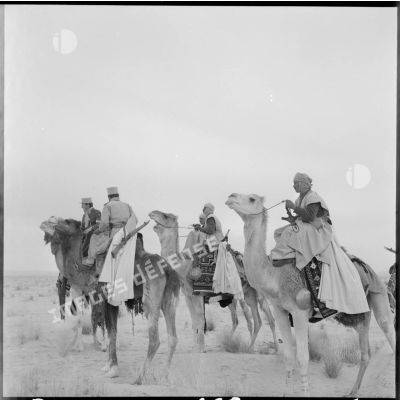 Une patrouille de la Compagnie méhariste de l'erg oriental surveille l'approche d'un groupe de nomades dans la région d'El Oued.