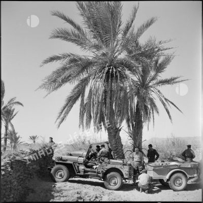 Halte du peloton motorisé dans la région d'Aïn Sefra.