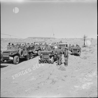 Halte de véhicules du 14e régiment de chasseurs parachutistes (RCP) et d'une compagnie portée de la Légion étrangère.