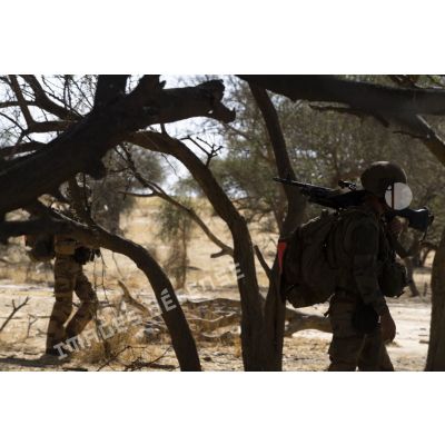 Des soldats du 16e bataillon de chasseurs (16e BCh) ratissent un ouadi dans le gourma malien.