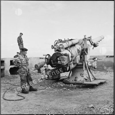 Des parachutistes français contemplent une batterie côtière égyptienne.