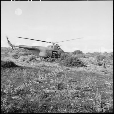 Hélicoptère Sikorsky S-55 (ou WS 55) larguant des commandos parachutistes.