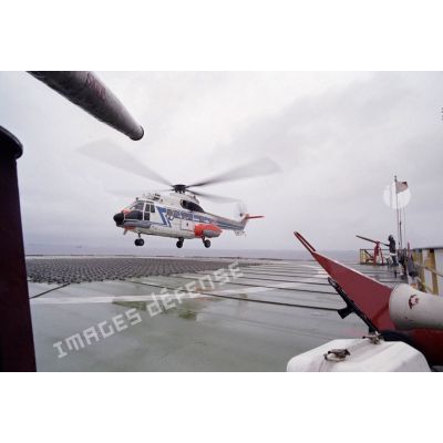 Appontage d'un hélicoptère Super Puma sur la plateforme de forage de Fangataufa. [Description en cours]