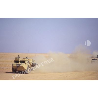 Convoi du 11e RAMa (régiment d'artillerie de marine), en route pour Olive. Un VAB-PC (poste de commandement) roule dans un nuage de poussière.