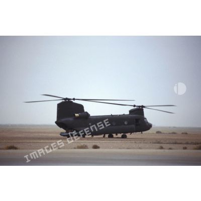 Hélicoptère d'assaut américain Boeing Vertol CH-47 Chinook au sol sur la piste de la base air américaine de CRK (camp du roi Khaled).