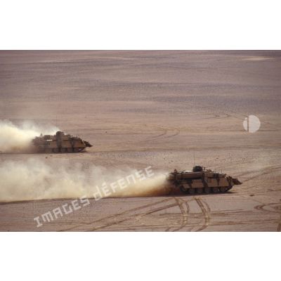 Dans le désert en ZDO (zone de déploiement opérationnel) Olive, deux EBG (engin blindé du génie) du 6e REG (régiment étranger du génie) se déplacent rapidement, soulevant un nuage de sable.