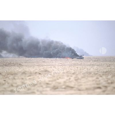 Un char irakien brûle dans le désert aux abords d'Al Salman.