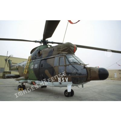 Un hélicoptère de transport Puma Orchidée (observatoire radar cohérent héliporté d'investigation des éléments ennemis) au sol.