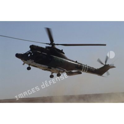Un hélicoptère de transport Puma Orchidée (observatoire radar cohérent héliporté d'investigation des éléments ennemis) au décollage pour un survol du désert saoudien.