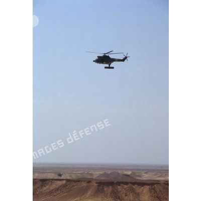 Un hélicoptère de transport Puma Orchidée (observatoire radar cohérent héliporté d'investigation des éléments ennemis) survole le désert saoudien.