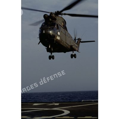 Exercice d'appontage d'un hélicoptère de transport Puma sur le BCR (bâtiment de commandement et de ravitaillement) Var.
