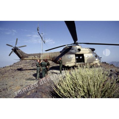 Hélicoptère Puma sur un sommet pendant un exercice commun de transmissions avec les EAU (Emirats arabes unis).