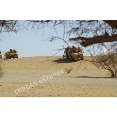 Des VAB tractant des mortiers de 120 mm rayé-tracté progressent dans le désert.