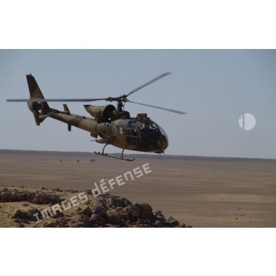 Hélicoptère de combat Gazelle HOT non approvisionné en patrouille dans le désert.