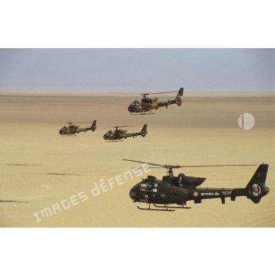 Qautre hélicoptères de combat Gazelle HOT non approvisionnés en patrouille dans le désert.