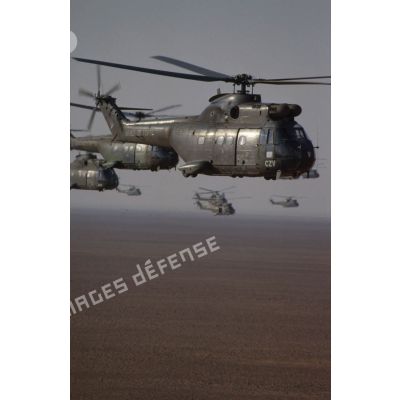 Huit hélicoptères de transport Puma SA-330 des 1er et 5e RHC survolent le désert en formation groupée lors de l'héliportage de groupes de combat du 1er RI vers la zone d'opération nord.