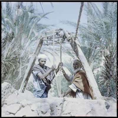 Groupe de nomades se servant d'un puits dans la région de Colomb-Béchar.