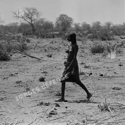 Une jeune fille tchadienne qui marche dans la brousse.