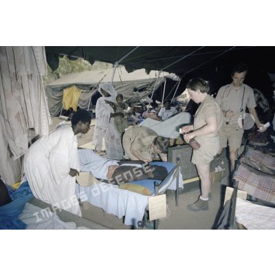 Les membres de l'élément médical militaire d'intervention rapide (EMMIR) visitent les malades et les blessés sous une tente d'hospitalisation du nouveau dispensaire de Kousseri.