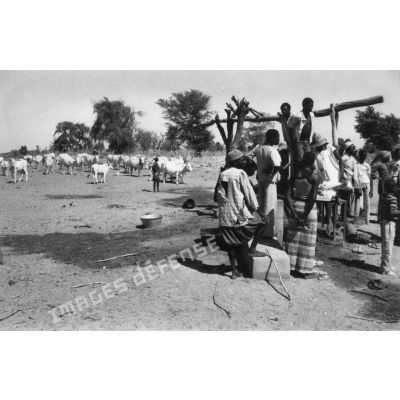 République du Sénégal, 1979. Station de pompage villageoise (pompes Verguet à pied) dans la région de Ghandiaye.