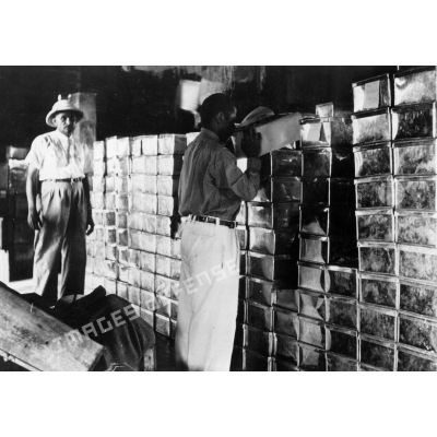 République malgache, 1952. Mise en entrepôt des caisses de vanille.