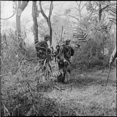 Progression des parachutistes du 8e bataillon de parachutistes de choc (BPC) au cours d'une reconnaissance au nord de Diên Biên Phu.