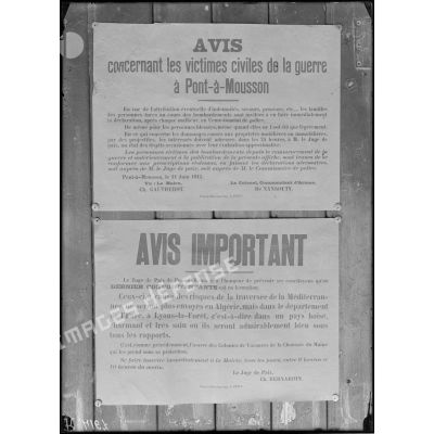 Pont-à-Mousson (Meurthe-et-Moselle), affiches, avis important, victimes civiles, place de Pont-à-Mousson. [légende d'origine]
