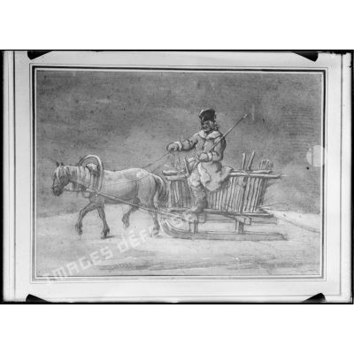 Dessin représentant un homme sur un traîneau tiré par un cheval, dans un paysage enneigé.