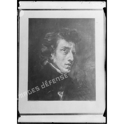 Reporduction d'une gravure représentant le portrait de Frédéric Chopin par Eugène Delacroix.