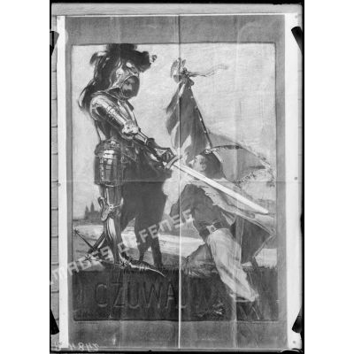 Affiche montrant un homme en armure qui adoube un soldat avec son épée.