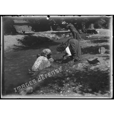 [Macédoine, Radogo-Bas. Dans un village, une femme et un enfant lavent du linge dans une rivière.]