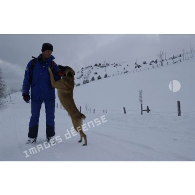 Un maître-chien du PGHM (peloton de gendarmerie de haute montagne) et son chien lors d'un exercice de recherche après avalanche à Pierrefitte-Nestalas (Hautes-Pyrénées).