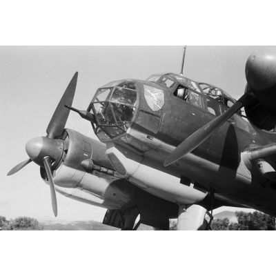 Un bimoteur Junkers Ju-88 du Aufklärungsgruppe 123 dont l'insigne est reproduit sur le nez de l'appareil.