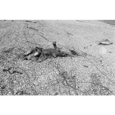 Sur la plage de Dieppe après le raid du 19 août 1942 de l'opération Jubilee, un cadavre de soldat canadien.