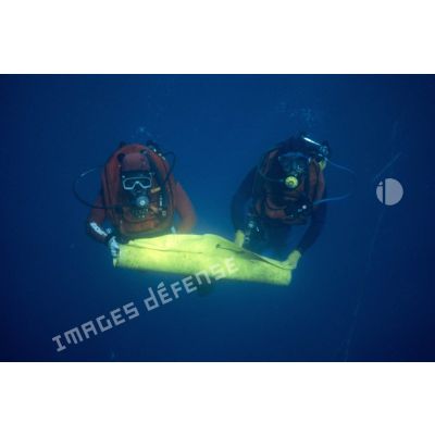 Des plongeurs prélèvent un panneau d'algues immergé pour la surveillance radiologique et bactériologique des eaux de Moruroa. [Description en cours]
